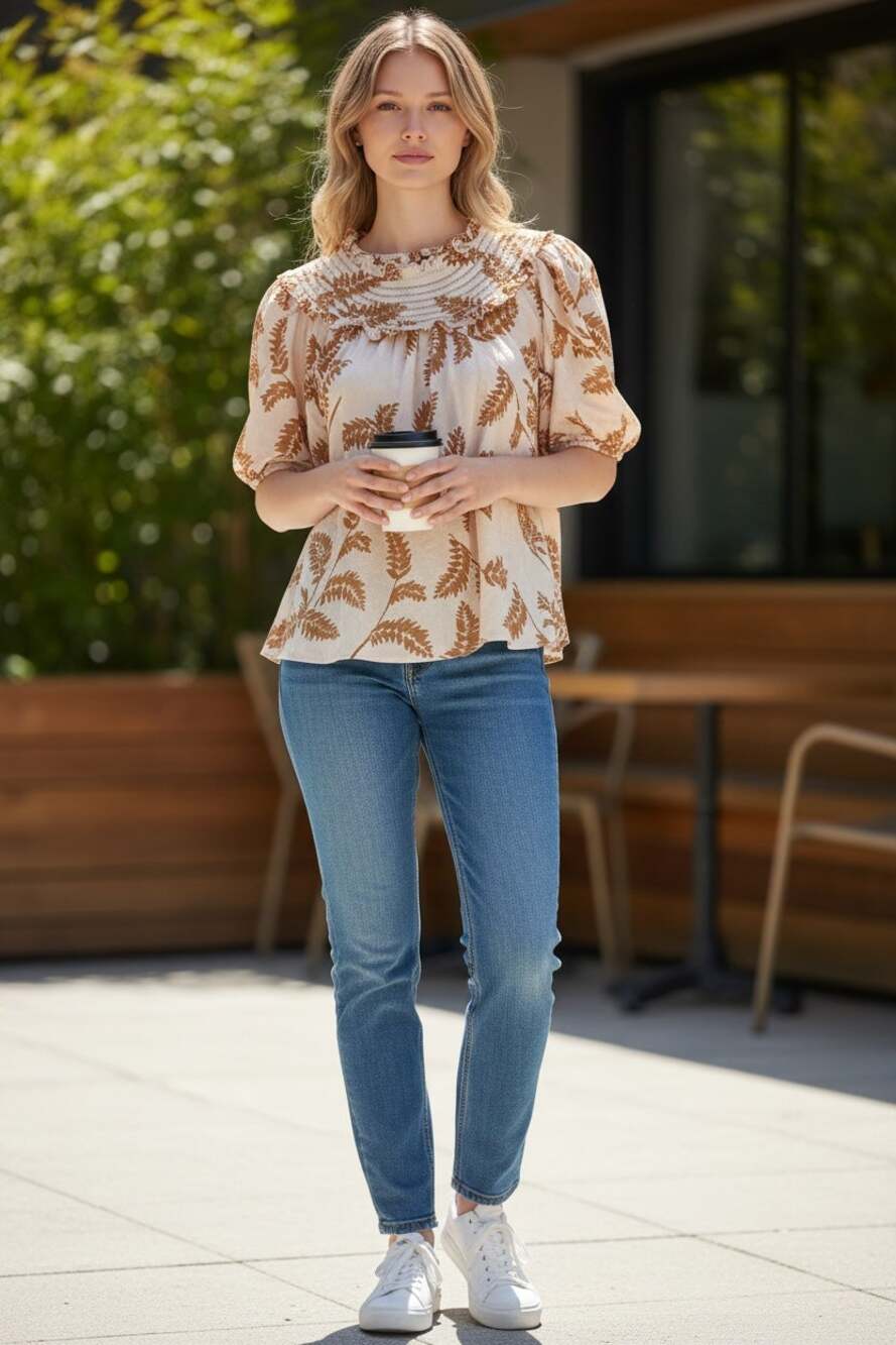 CURRENT AIR Top Size XS Light Pink Leafy Print Leaves Blouse